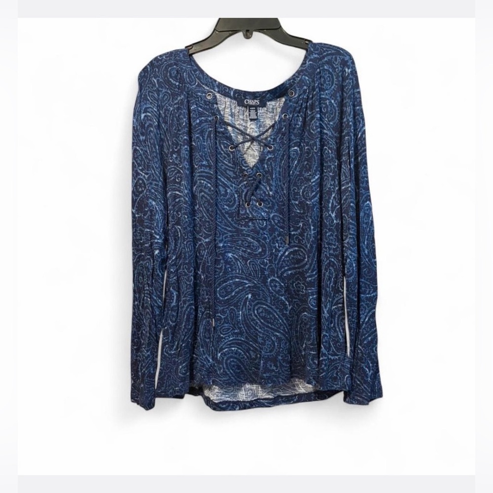 Chaps Navy Paisley Lace-Up Long Sleeve Top
